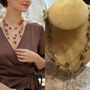 Multi Strand Amber Tone Beaded Necklace Brown Honey Layered Boho